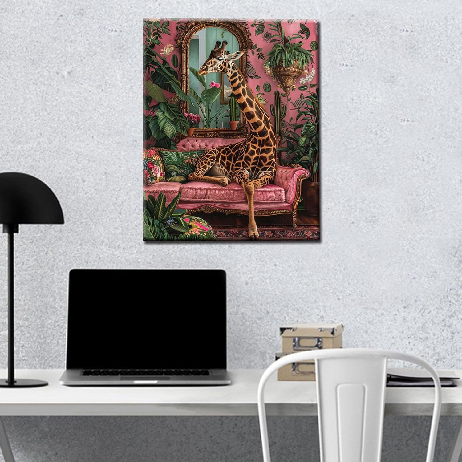 Animals on Sofa Paint by Numbers Jungle Green Leaves Paint by Numbers Kits for Adult,Pink Background Wall Paint by Numbers Kits on Canvas for Home Wall Decor DIY Framed 16x20 Inch