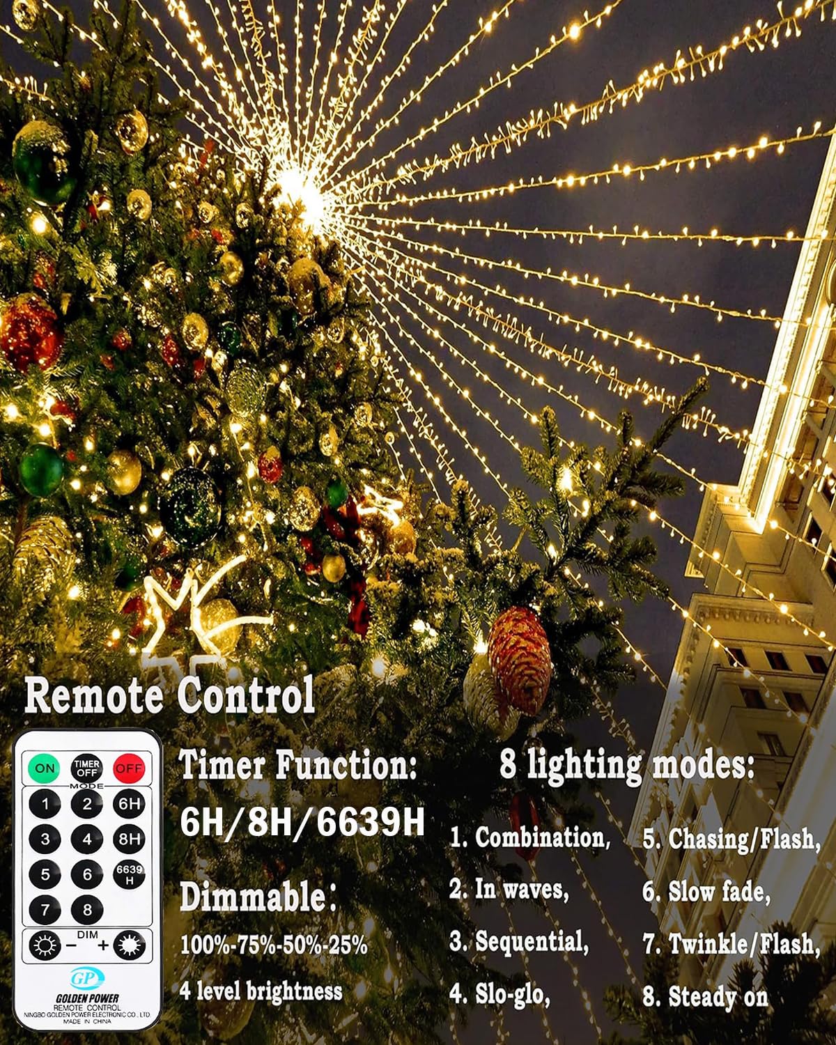 Bowfar Catena Luminosa LED, 80M 800 LED Luci Natale Esterno con Telecomando e Funzione Memoria, 8 modalità, Impermeabile IP65 Luci Albero di Natale per Interni Giardino Feste Matrimoni, Bianco Caldo