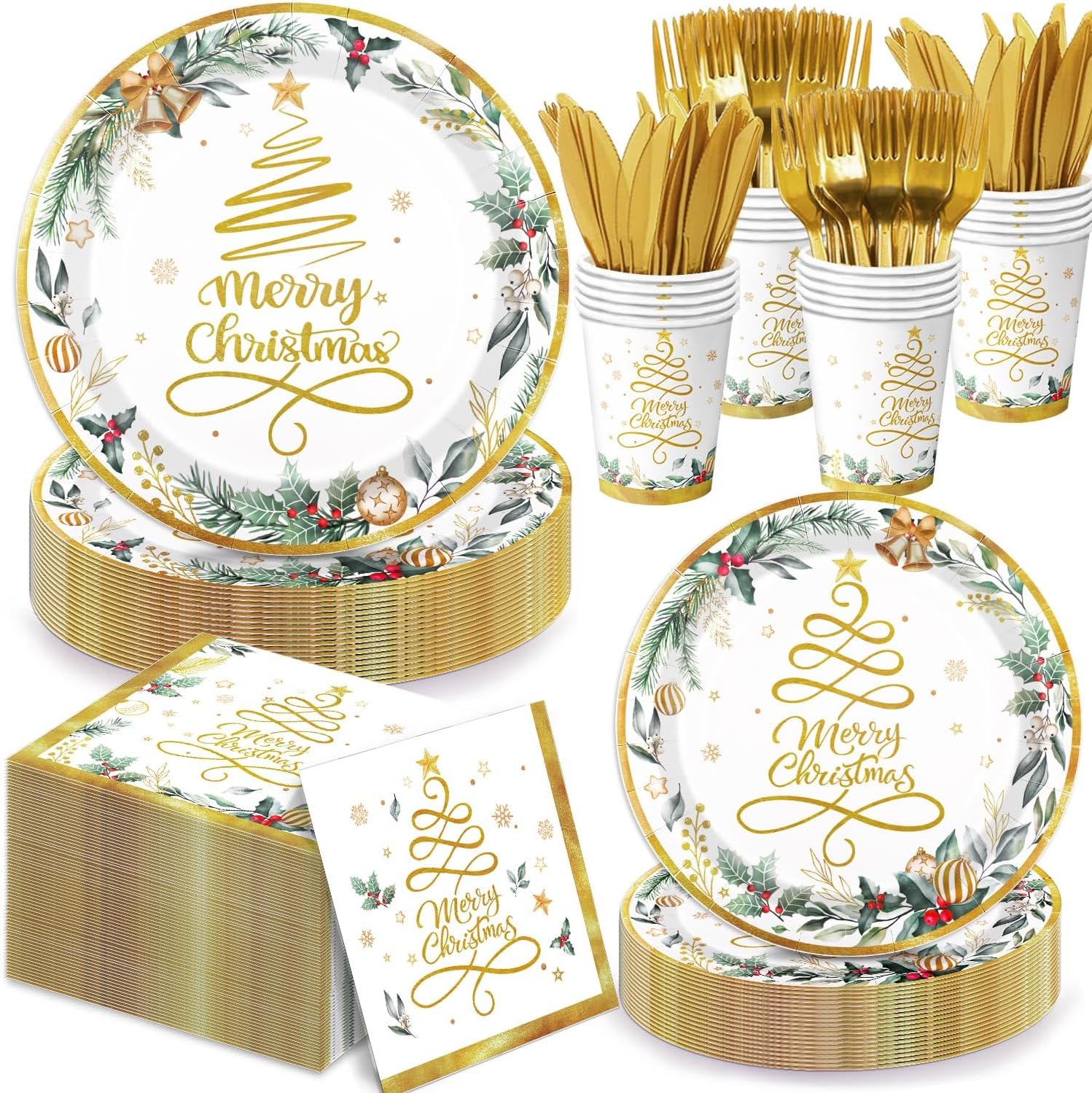 Oigco 120 PCS Christmas Plates and Napkins, Xmas Tree Dinnerware Includes Plates, Cups, Napkins, Cutlery for Merry Christmas Party Decorations, Serves 20
