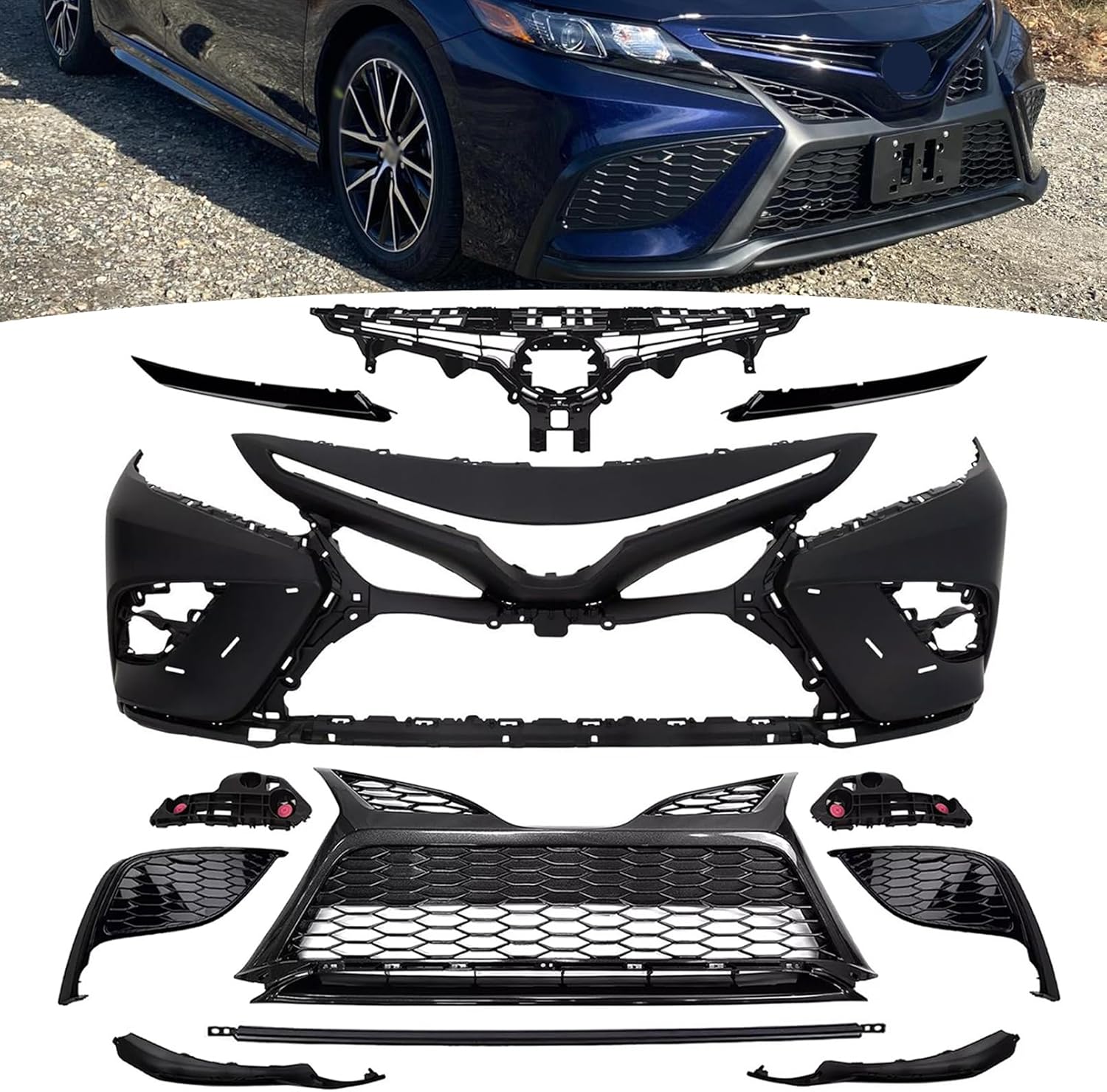 Front Bumper Assembly Fit For 2021 2022 2023 Toyota Camry SE XSE W/Front Bumper & Honeycomb Grille & Black Trim & Fog Light Bezel Set Replacement