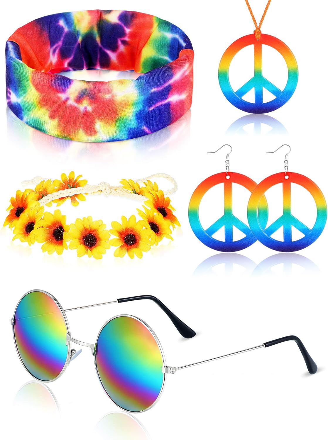 Frienda Hippie Costume Set, Includes Hippie Sunglasses,Rainbow Peace Sign Earrings and Necklace, Flower Headband and Hippie Tie Dye Bandana Headband for 60s or 70s Hippie Accessories : Clothing, Shoes & Jewelry