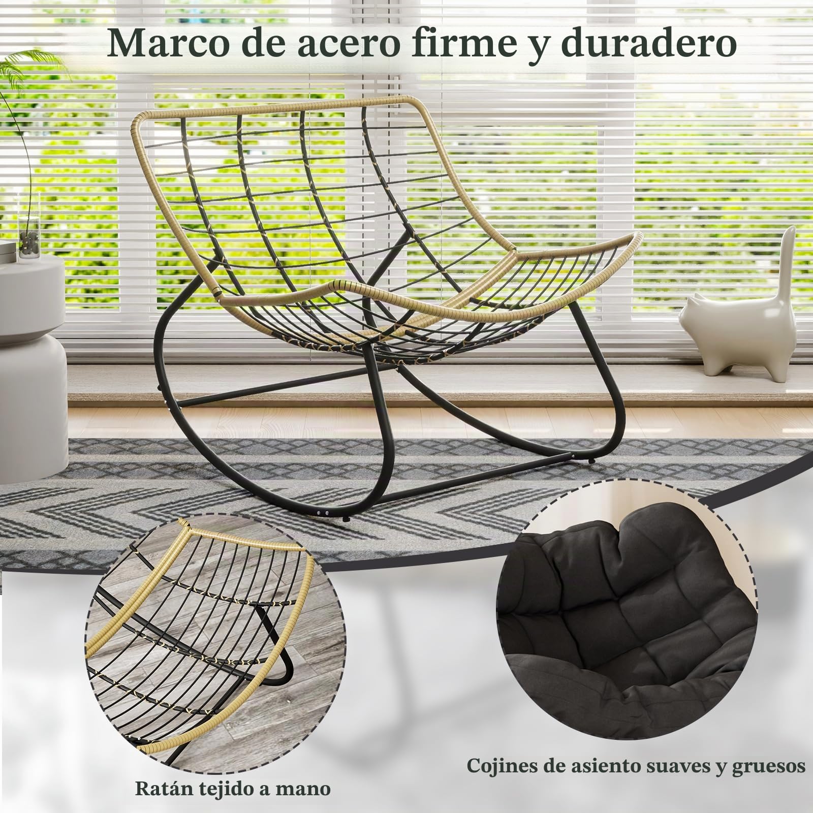TWSOUL Mecedora para jardín, salón, relax, sillón de ratán, silla mecedora con acolchado, soporta hasta 150 kg, para jardín, dormitorio, salón, balcón (negro)