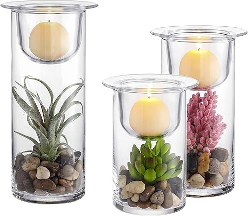 Miniatura 1 de Juego de 3 portavelas cilíndricos de cristal suculentas/decorativas para huracanes con adoquines decorativos y plantas artificiales (sin velas),