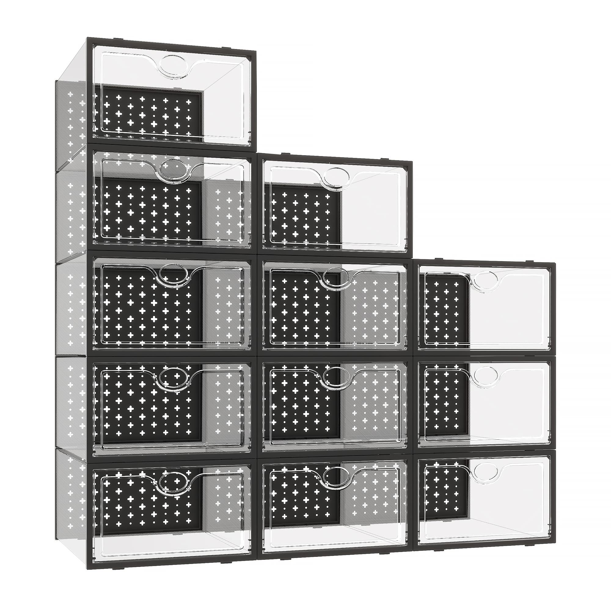 Pinkpum Shoe Storage Boxes 12 Pack,Shoe Storage Organizer for Closet,Clear Plastic Shoe Boxes Stackable,Foldable Storage Containers with Lids Black
