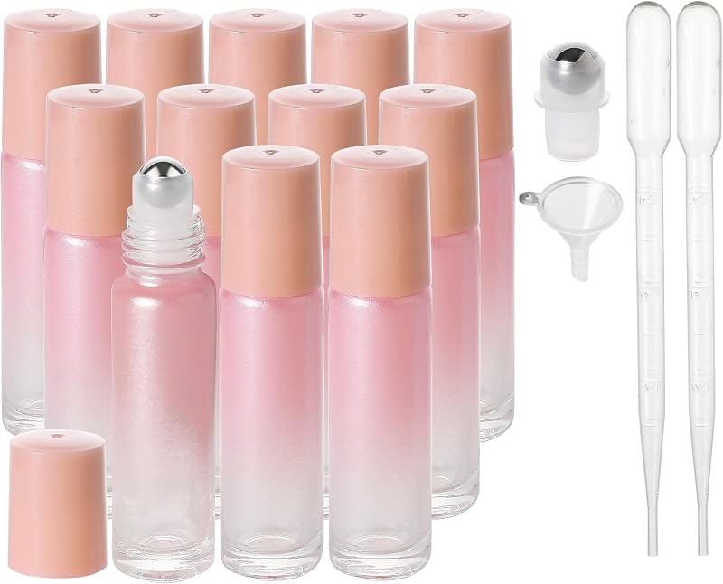 Frascos roll-on para perfume SESENSE de vidro, 10 mL, com esferas de aço inoxidável, rosa, pacote com 12