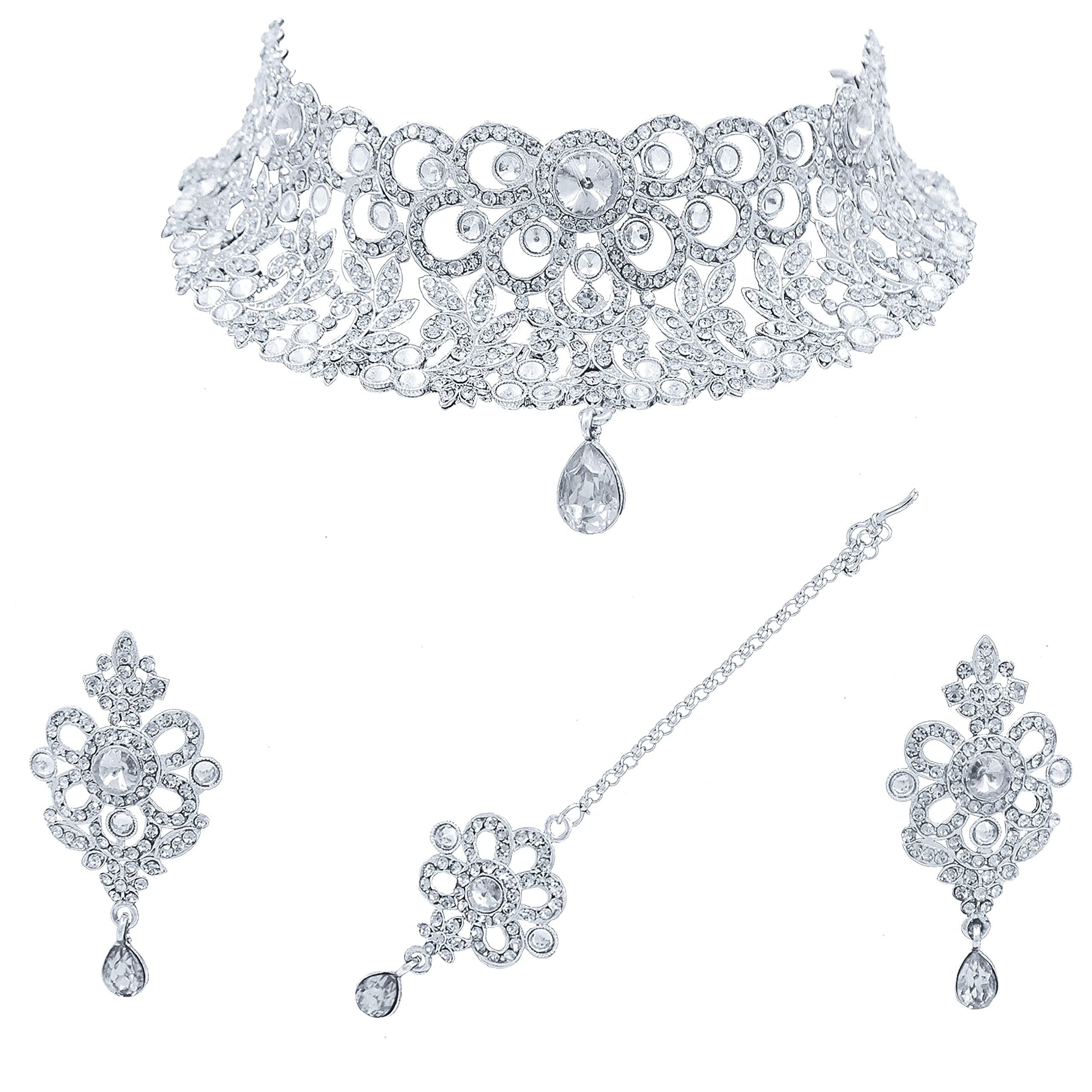 Saiyoni Valentine Special Silver Plated Austrian Diamond Floral Design Choker Necklace Earring With Maangtikka Jewellery Set Silver For Women (B09SHTMFD6) Amazon Price History, Amazon Price Tracker