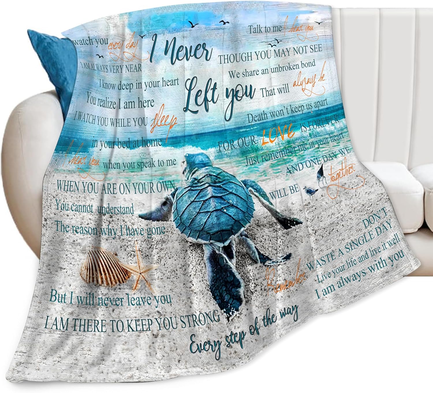 Sea Turtle Ocean Blanket Throw Blanket 50"x40" Blue, White Letter Print Microfiber Fleece Soft Warm Cozy Blanket for Couch, Sofa, Bed All Ages All Seasons
