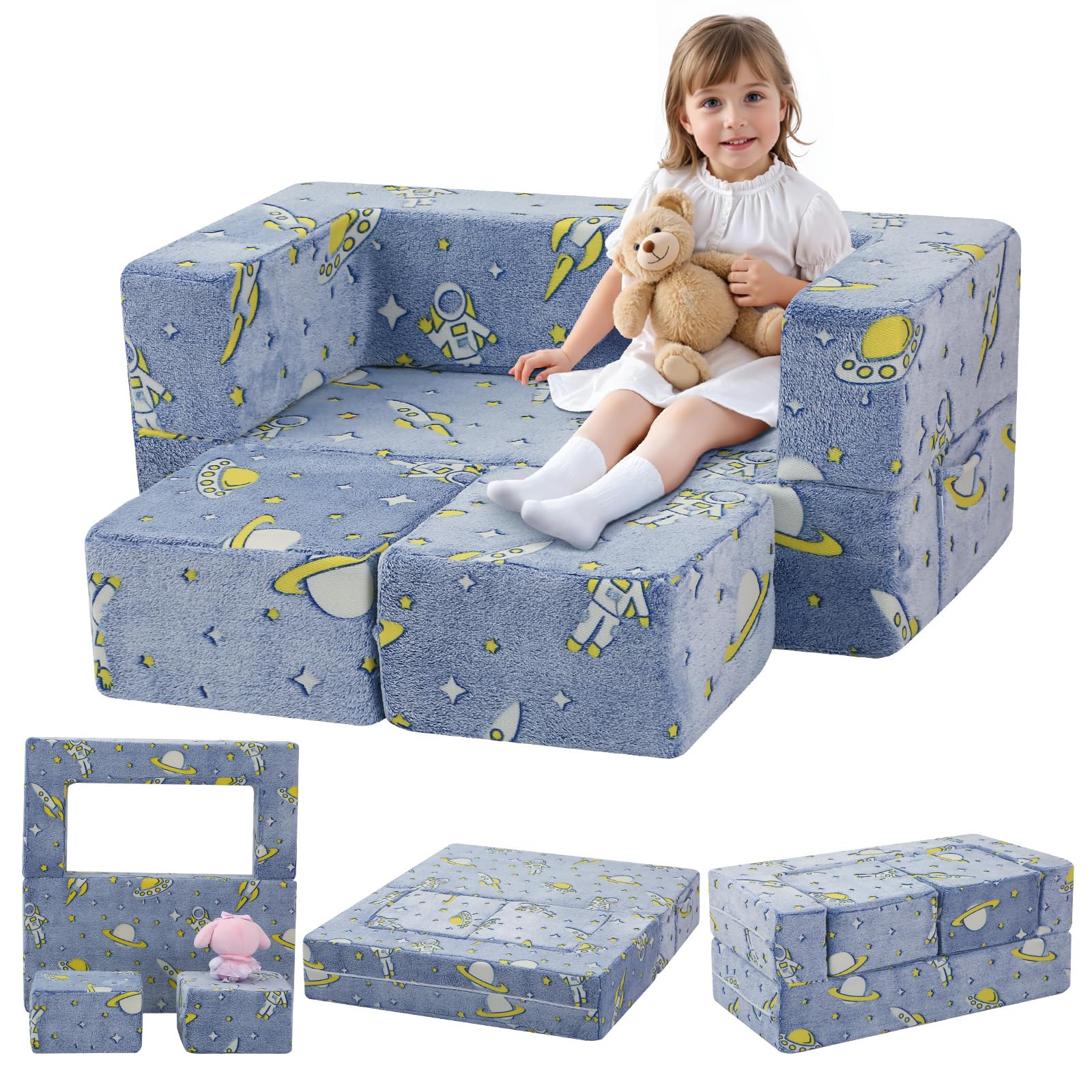 MeMoreCool Glow Modular Kids Couch, Denim Rocket