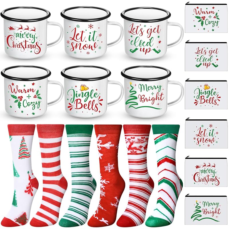 Conjunto Singhoow com 6 canecas esmaltadas, 6 necessaires e 6 pares de meias de Natal