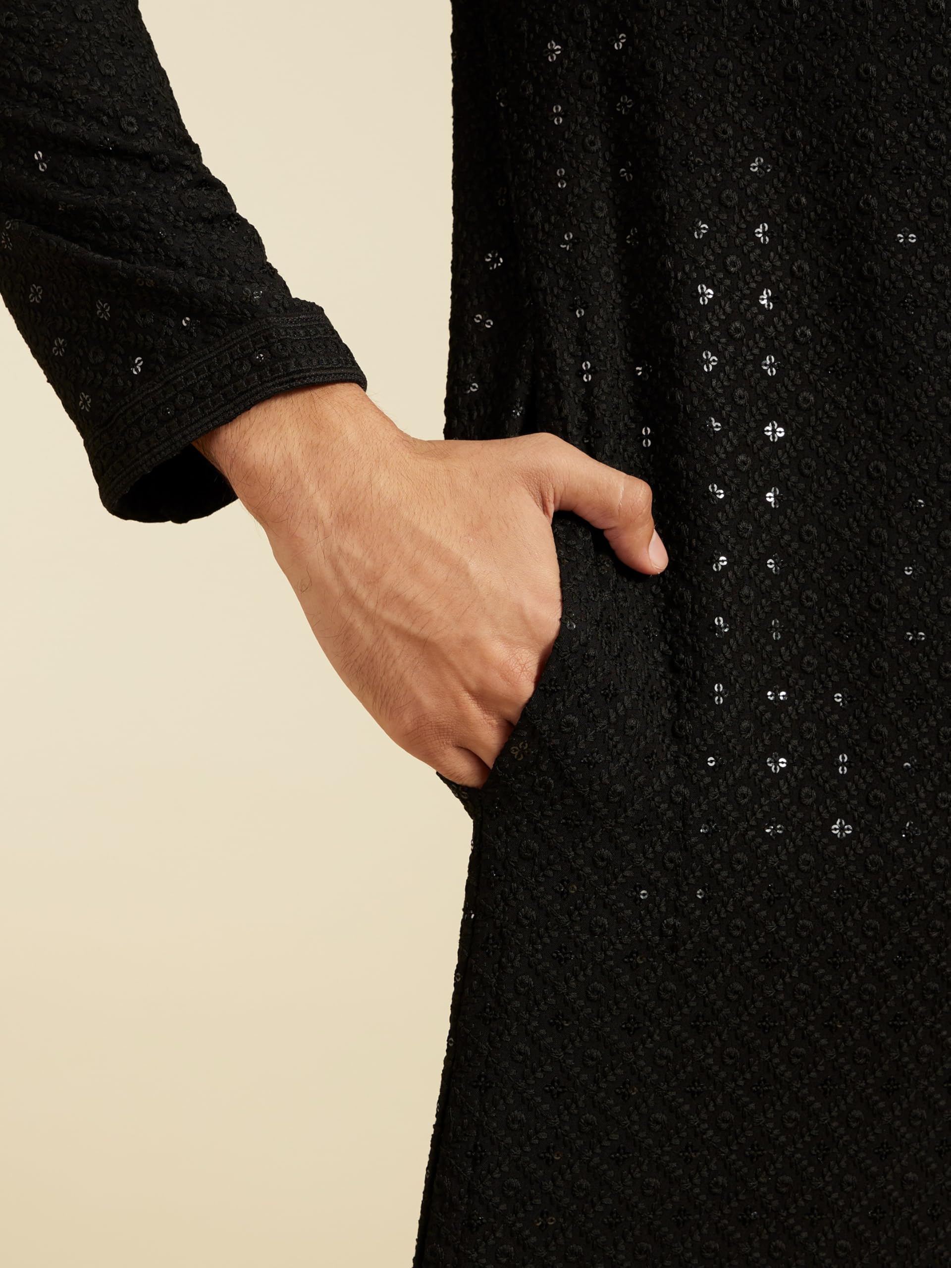 DIWAS BY MANYAVAR Men's Viscose Embroidered|Sequined Kurta (1pc) (in, Alpha, L, Black) 2