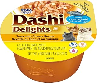 INABA Dashi Delights for Cats, Shredded Tuna Side Dish with Bonito Flake Broth, Cat Food Complement with Taurine & Green Tea Extract, 2.5 Ounce Cup, 6 Cups Total, Tuna with Cheese Recipe