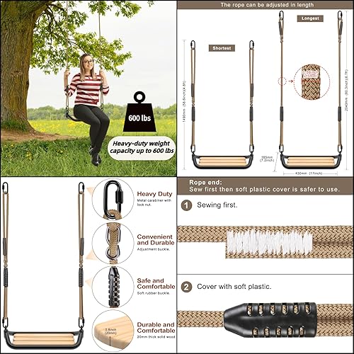 Miniatura 4 de SELEWARE Columpio de madera colgante para niños, 100% poliéster, cuerda resistente a la intemperie, estructura de tubo de acero resistente, juego de