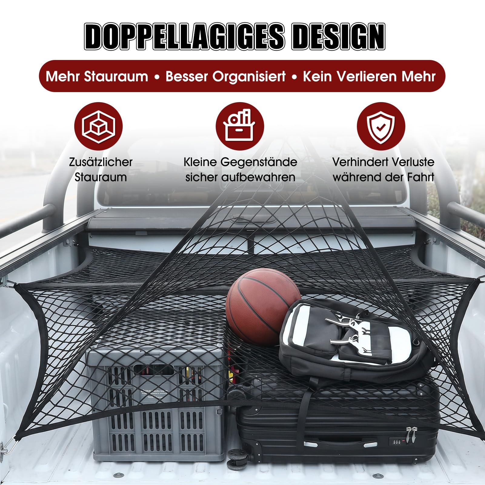 Ladungssicherungsnetz Hochelastisches Gepäcknetz LKW Pritschen Netz Doppel Lage Anti Rutsch Cargo Netz für Pickup SUV Van Offroad Transport ohne Verzurren 120x120 bis 210x210 cm 6 Metallhaken