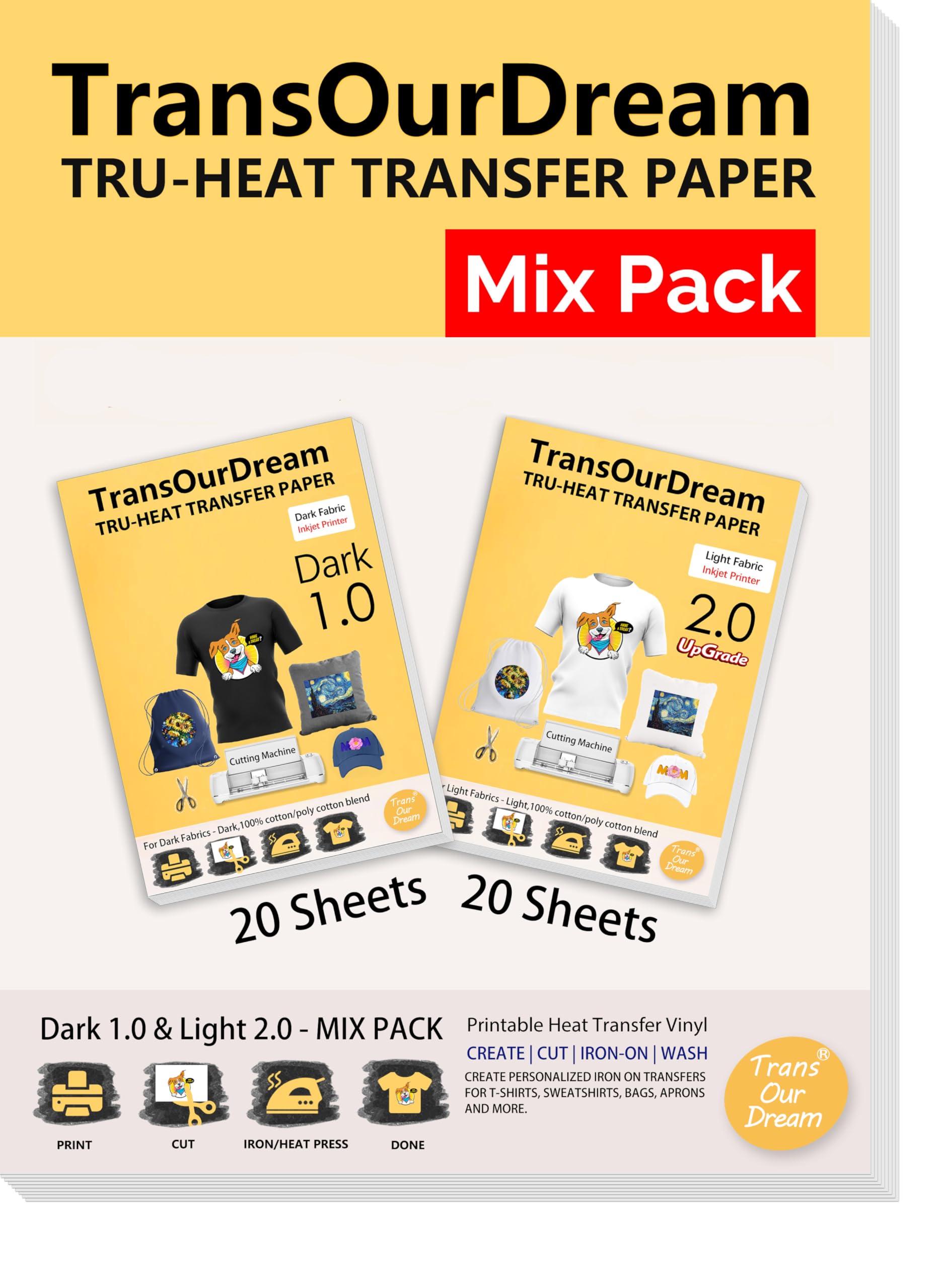 TransOurDream Tru-Iron on Heat Transfer Paper for Dark and Light T Shirts (20+20 Sheets, 8.5x11", Mix Pack) Printable HTV Heat Transfers Vinyl for Inkjet Printers Iron on Transfers for Fabrics