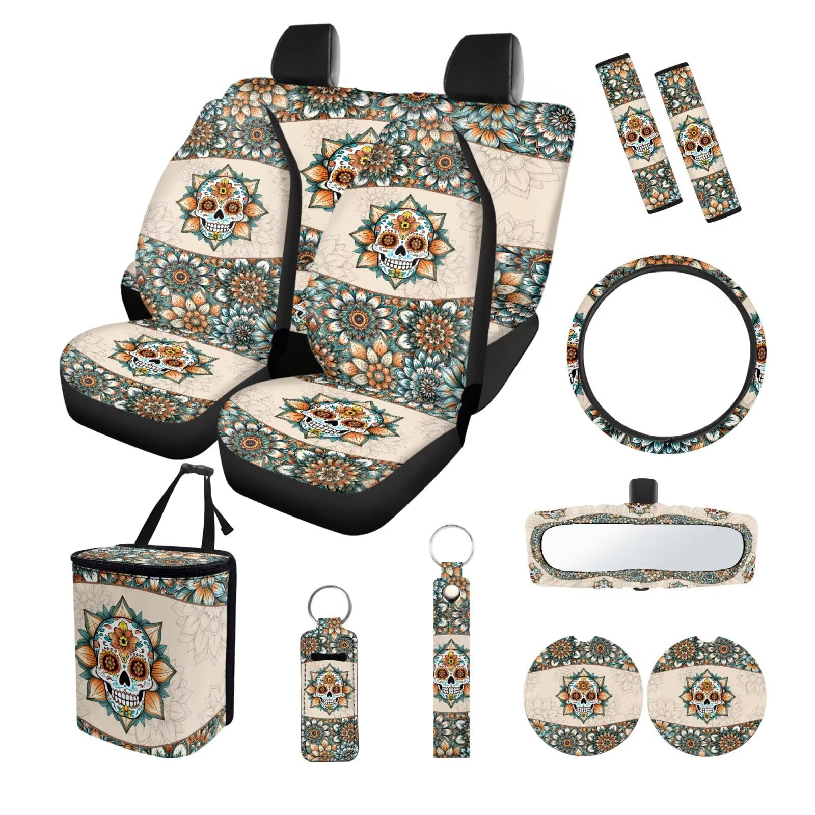 Suobstales Boho Mandala Sugar Skull Print Car Seat Covers Set of 13 with Universal Steering Wheel Cover, Rearview Mirror Cover, Car Trash Can,