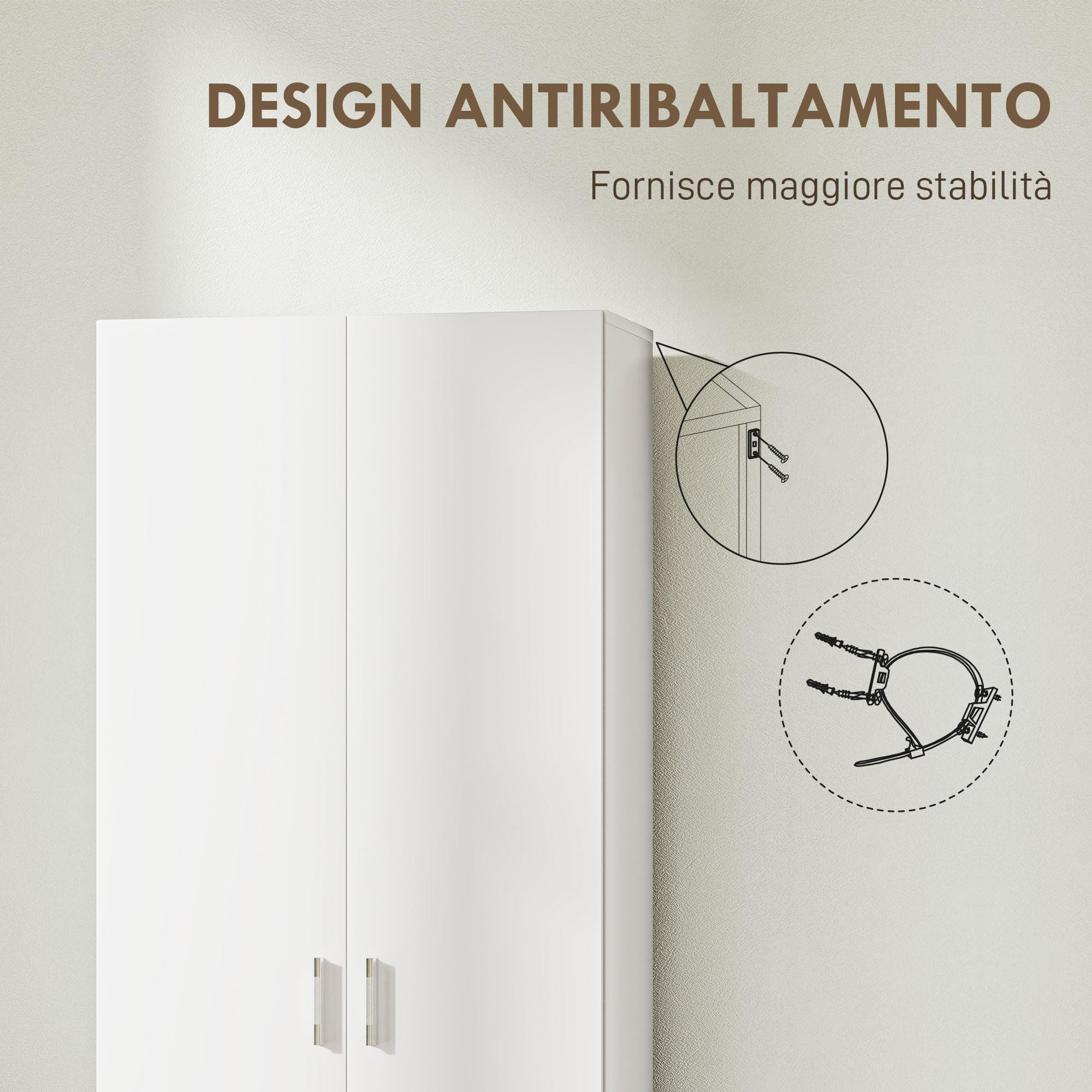 HOMCOM Armadio Multiuso con Ante Battenti, 5 Ripiani e 3 Livelli Regolabili, Mobiletto Multiuso Credenza in Legno Truciolato per Cucina, Scarpe, Ingresso, Camera da Letto Bagno, 60x31.5x165 cm, Bianco