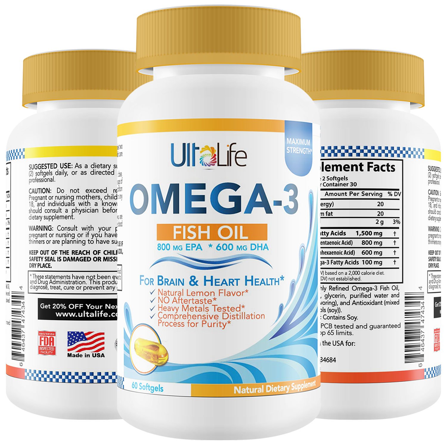 Best Omega 3 Essential Fatty Acids Fish Oil + Highly Refined Maximum Strength Supplement + Natural Lemon Flavor NO Aftertaste or Burping + Softgels for Men & Woman + They're Great for Dogs!