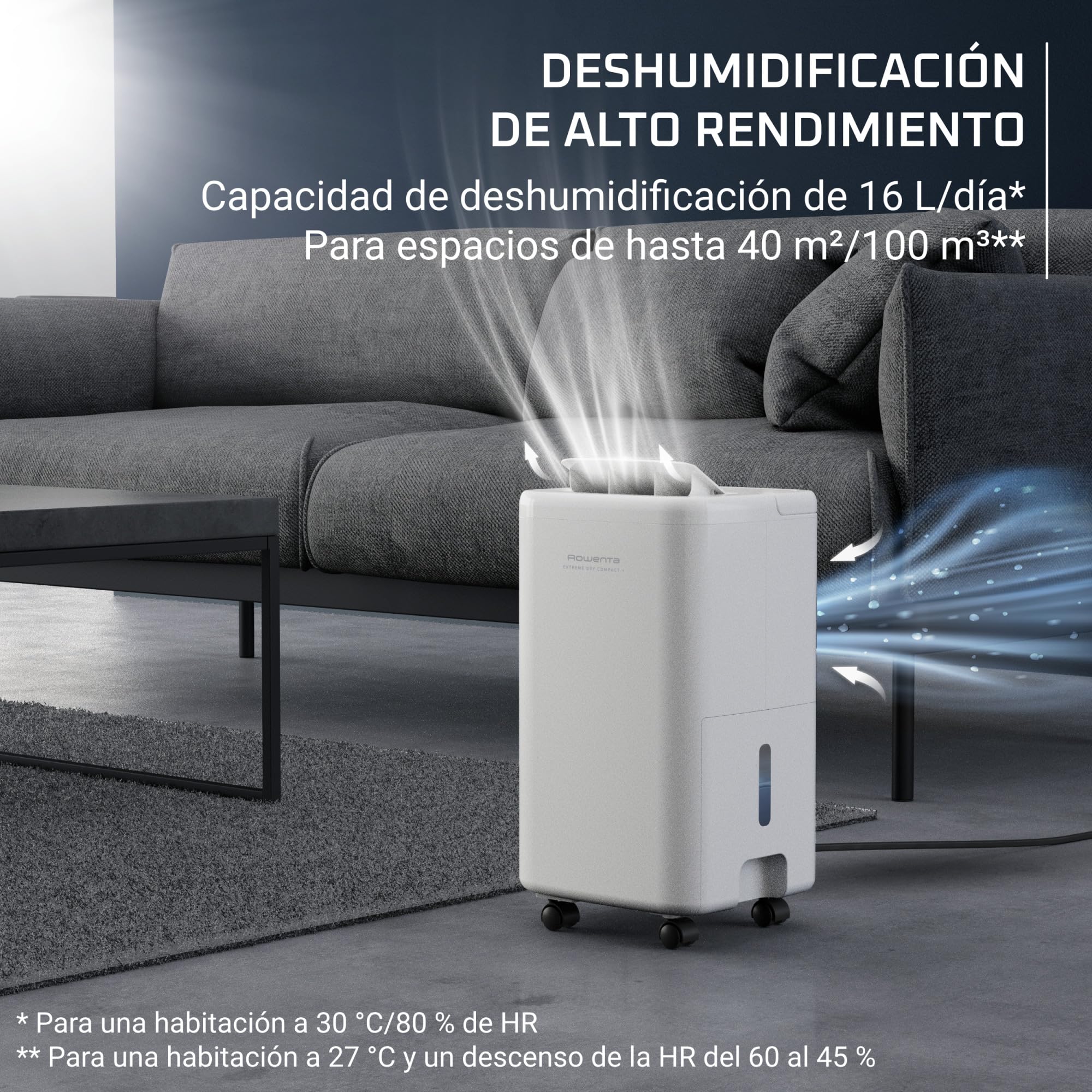 Rowenta Extreme Dry Compact, deshumidificador, secado de ropa DH5260 | Deshumidificador 16L/día para Habitaciones hasta 40m², Secado Ropa 30% Más Rápido, Silencioso, Color: Blanco
