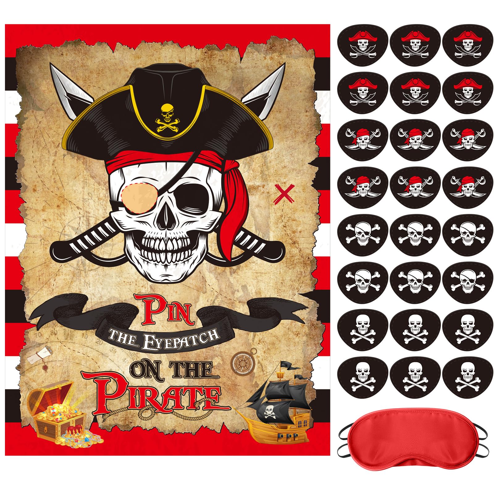 Faccito Pirate Party Games Pin The Eye Patch On The Pirates Birthday Party Decorations Pin The Pirate Include Pirate Poster 24 Sticker and Blindfold for Boys Girls Pirate Party Supplies Decoration