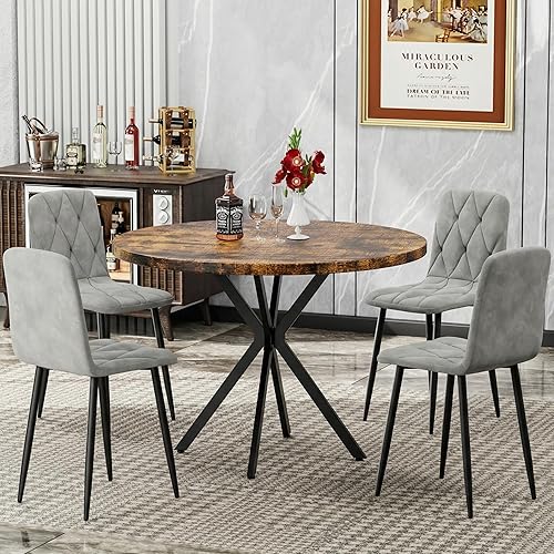 Miniatura 6 de DKLGG Juego de mesa redonda de comedor para 4, mesa de comedor de mármol sintético de 39 pulgadas con sillas tapizadas de terciopelo, juego de mesa