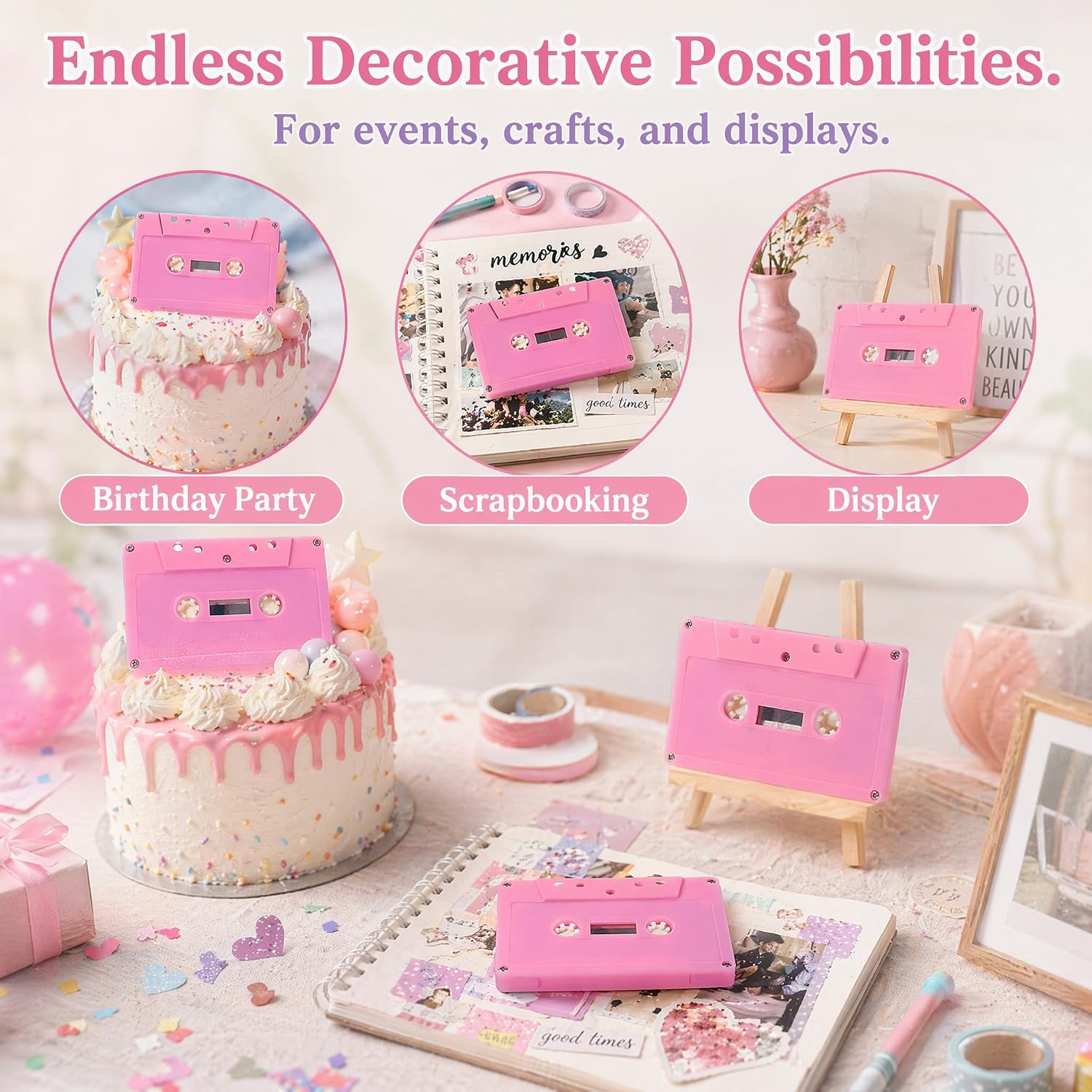 Pink Blank Cassette Tapes for 80s 90s Party Decorations, 2pcs Retro Decorative Audio Cassettes for Vintage Music Centerpiece Ornaments, DIY Recordable Tape for Table Decor & Keepsake