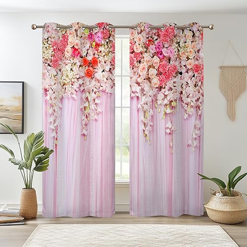 Renaiss Cortinas florales rosas con diseño de rosas que lloran para ventana, cortinas decorativas para dormitorio de niñas, con aislamiento térmico,