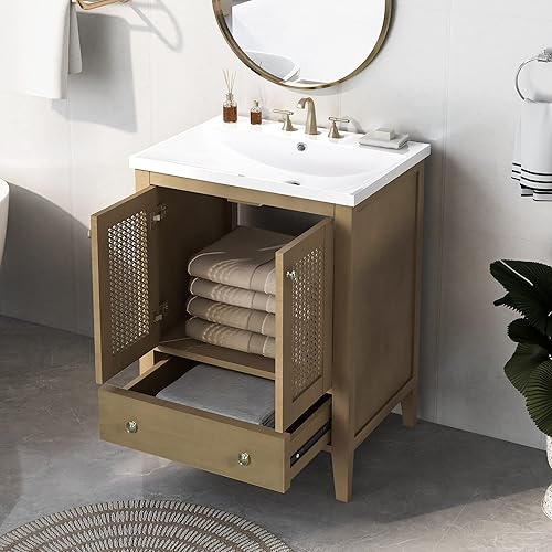 Harper & Bright Designs Mueble de baño de 24 pulgadas con lavabo de cerámica, armario de almacenamiento de baño de ratán con dos puertas y cajón,
