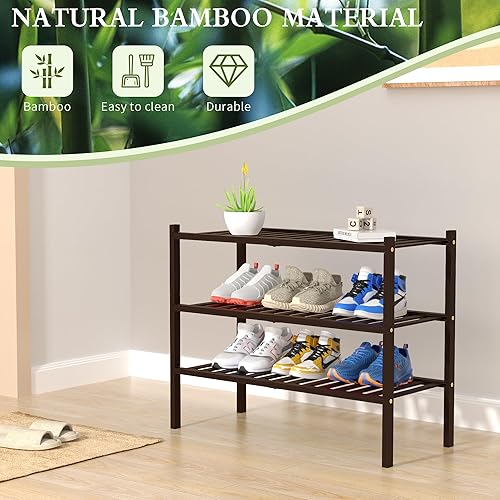 Miniatura 6 de Zapatera de bambú de 3 niveles para armario, estante de madera para zapatos, para entrada, espacio pequeño, apilable, 27 x 11 x 20 pulgadas (café)