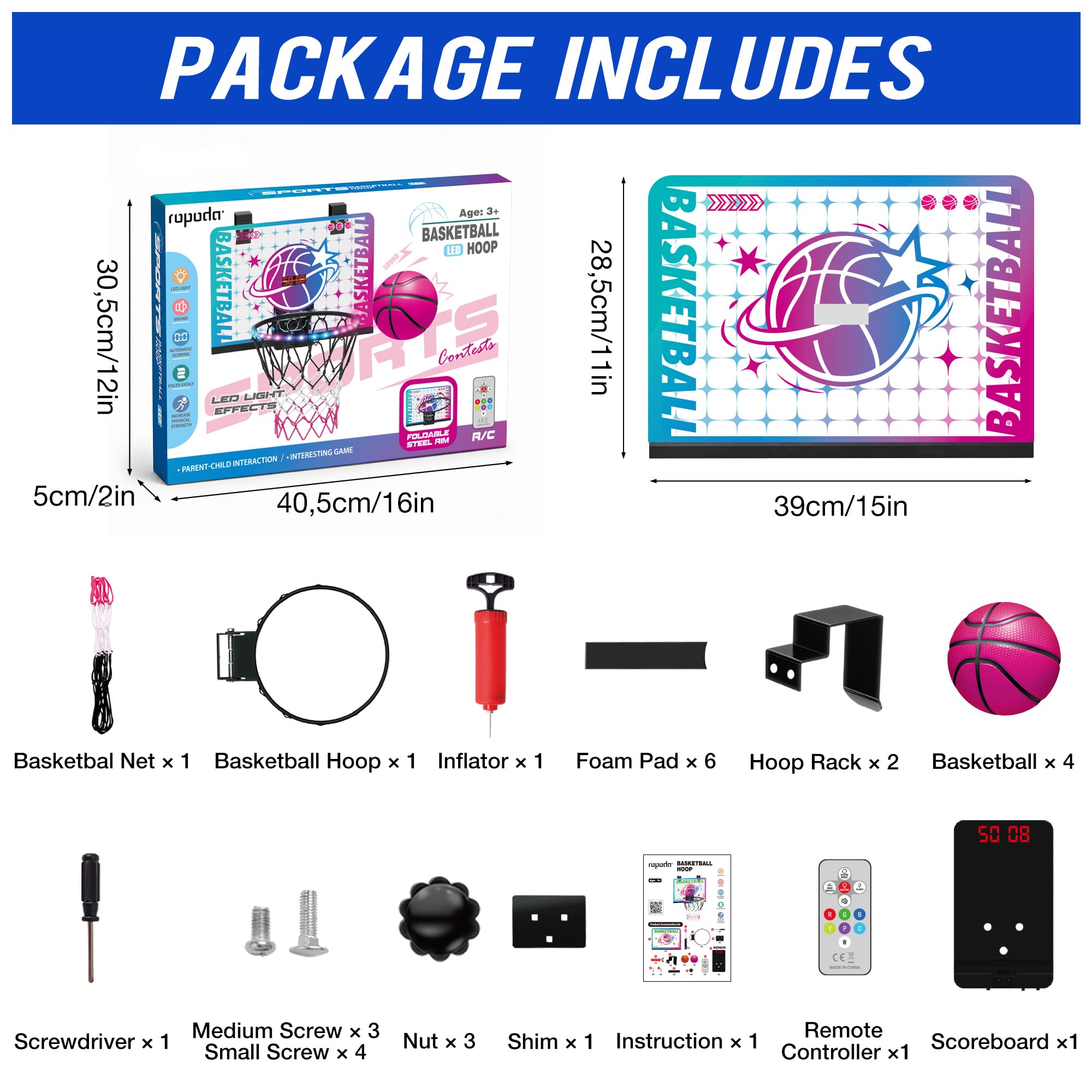 ROPODA Canasta de Baloncesto Infantil, Mini Canasta Baloncesto Habitacion con luz LED, Control Remoto & Marcador, Regalos de Cumpleaños de Navidad para Niños y Niñas de 3+ Años, Azul & Morado