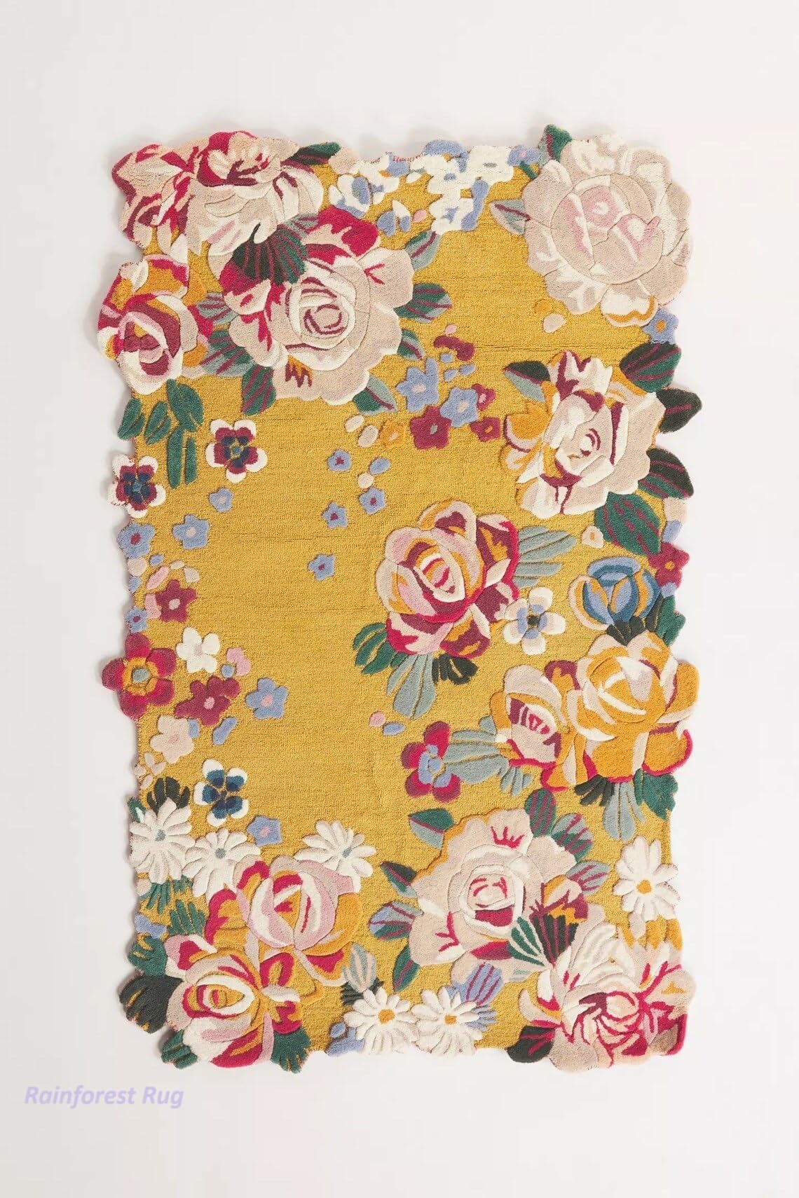 Hand Tufted Pink and Red Yellow Roses Irregular Shape and Oval Shape Multicoloured Floral Wool Area for Living Room, Dining Room and Office Rug (Yellow, 5x5 Round)