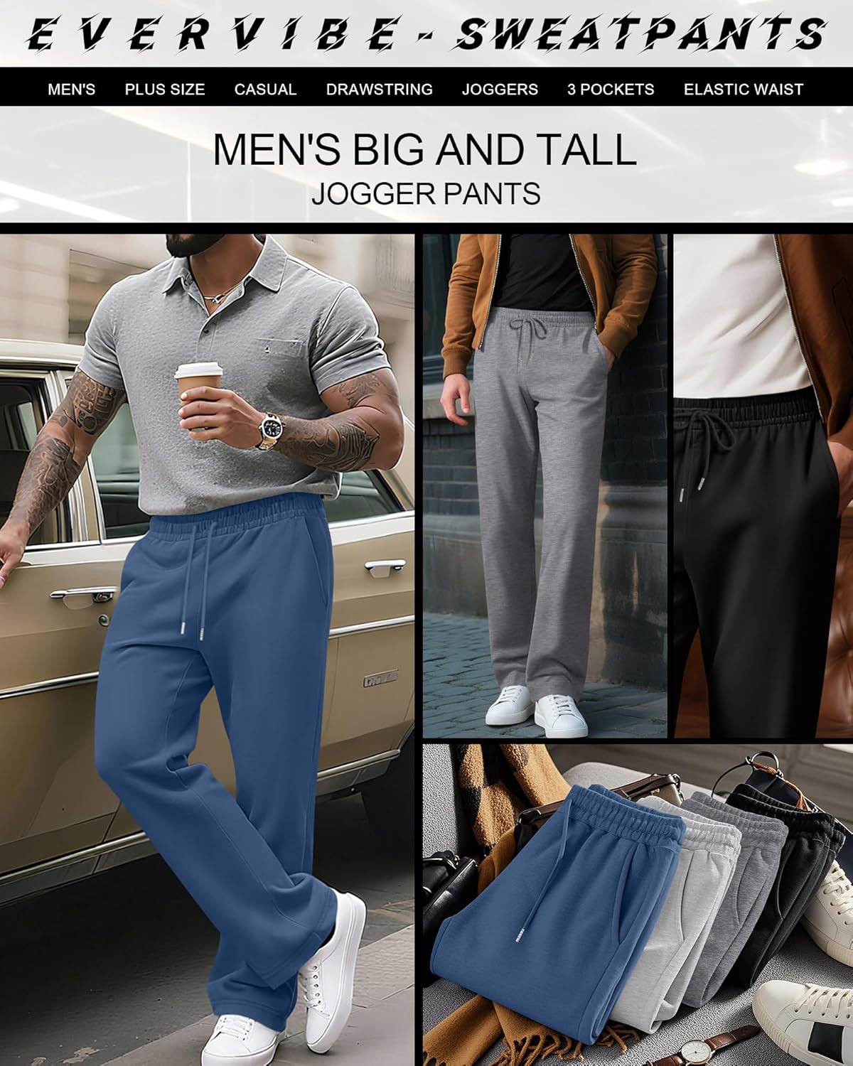 4 Pack Men's Big and Tall Sweatpants Thin Athletic Workout Joggers Baggy Lounge Drawstring Plus Pants with Pockets