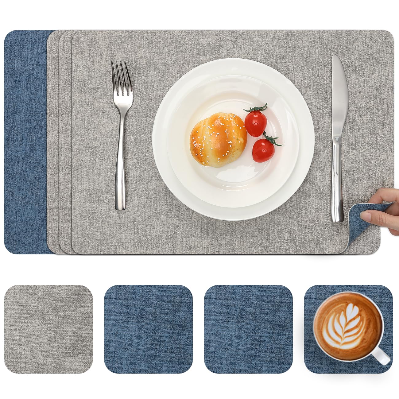 Myir JUN Reversible Vinyl Placemats and Coasters Set of 4, Faux Leather Place Mats Dual Sided Waterproof, Heat-Resistant Table Mats for Kitchen Indoor Outdoor (12" x 17", Light Grey Navy Blue)