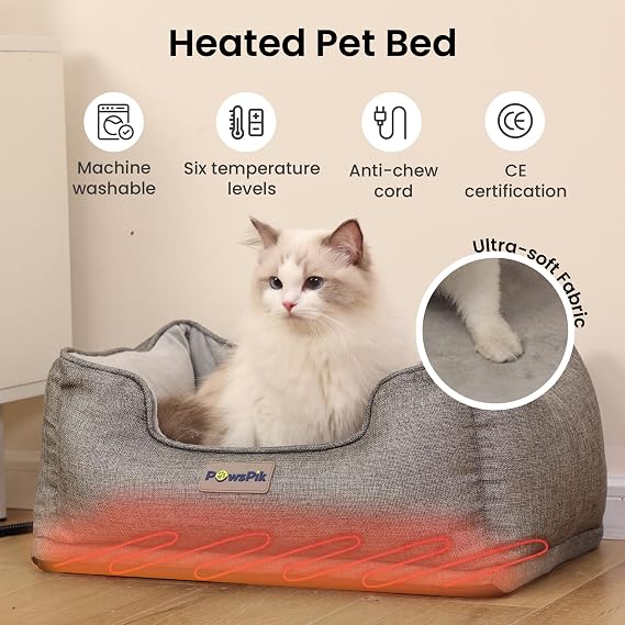 PAWSPIK Heated Cat Bed, Heated Dog Bed for Pets Indoor, Electric Pet Bed Warmer for Cats and Dogs (Charcoal and Ivory)