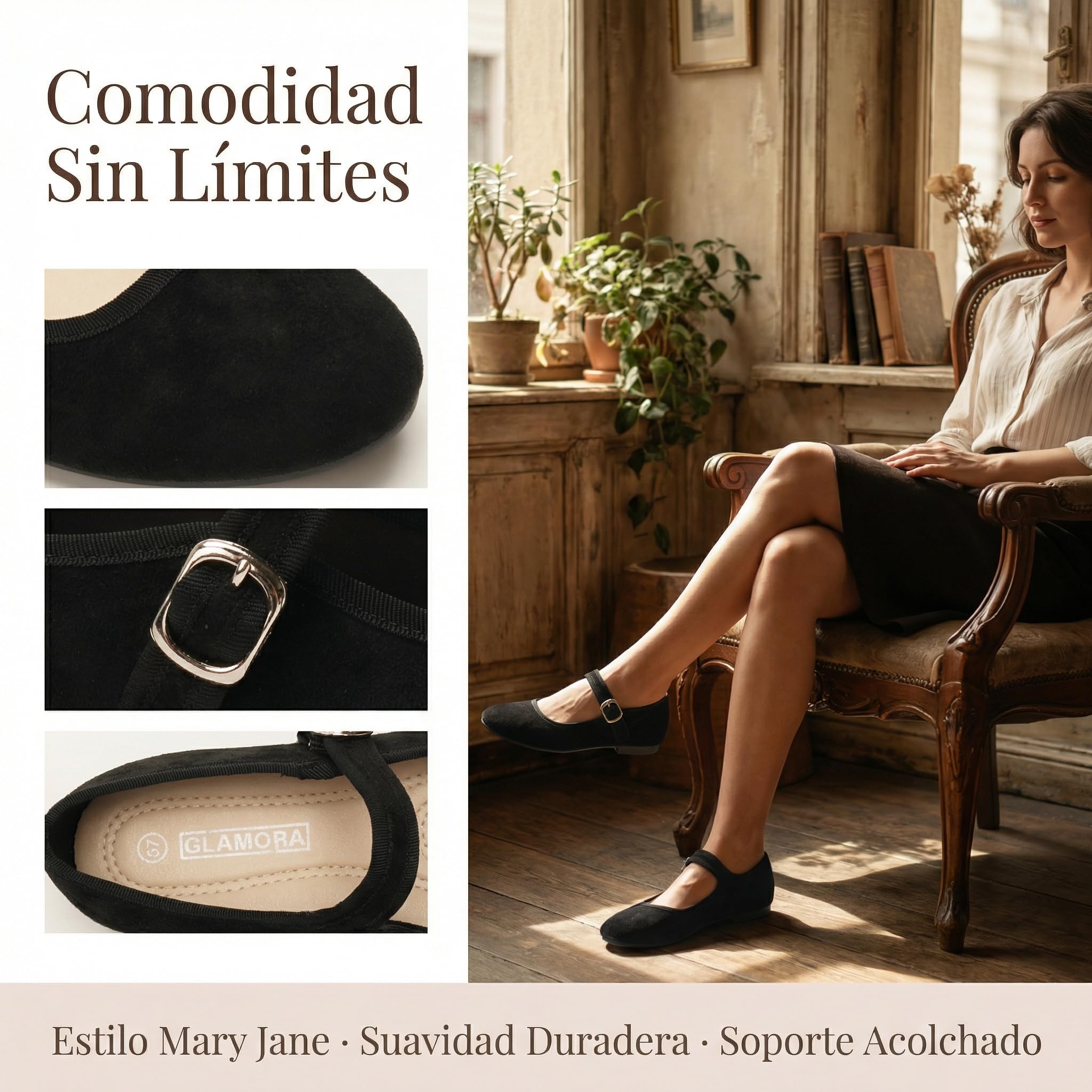 GLAMORA Merceditas Mujer Bailarinas Ante Hebilla Ajustable Zapatos Planos Cómodos Ligeros Suela Flexible Antideslizante Plantilla Blanda Punta Redondeada Calzado