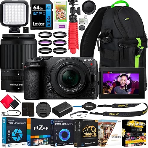 Nikon Cámara sin espejo Z30 con kit de 2 lentes NIKKOR Z DX 0.630-1.969 in F3.5-6.3 VR y 1.969-9.843 in F4.5-6.3 VR Bundle 1743 con mochila de