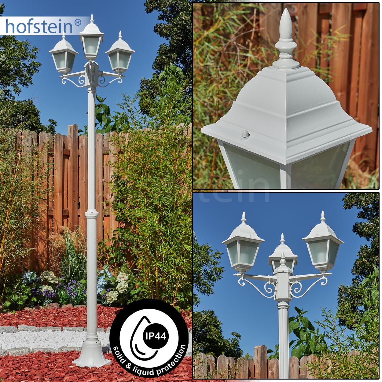 HOFSTEIN Kandelaber Naofe Lampe d'extérieur en métal/verre dépoli en blanc, vitres interchangeables transparentes, lampe de chemin au design rustique/antique/vintage pour jardin, terrasse, cour, max