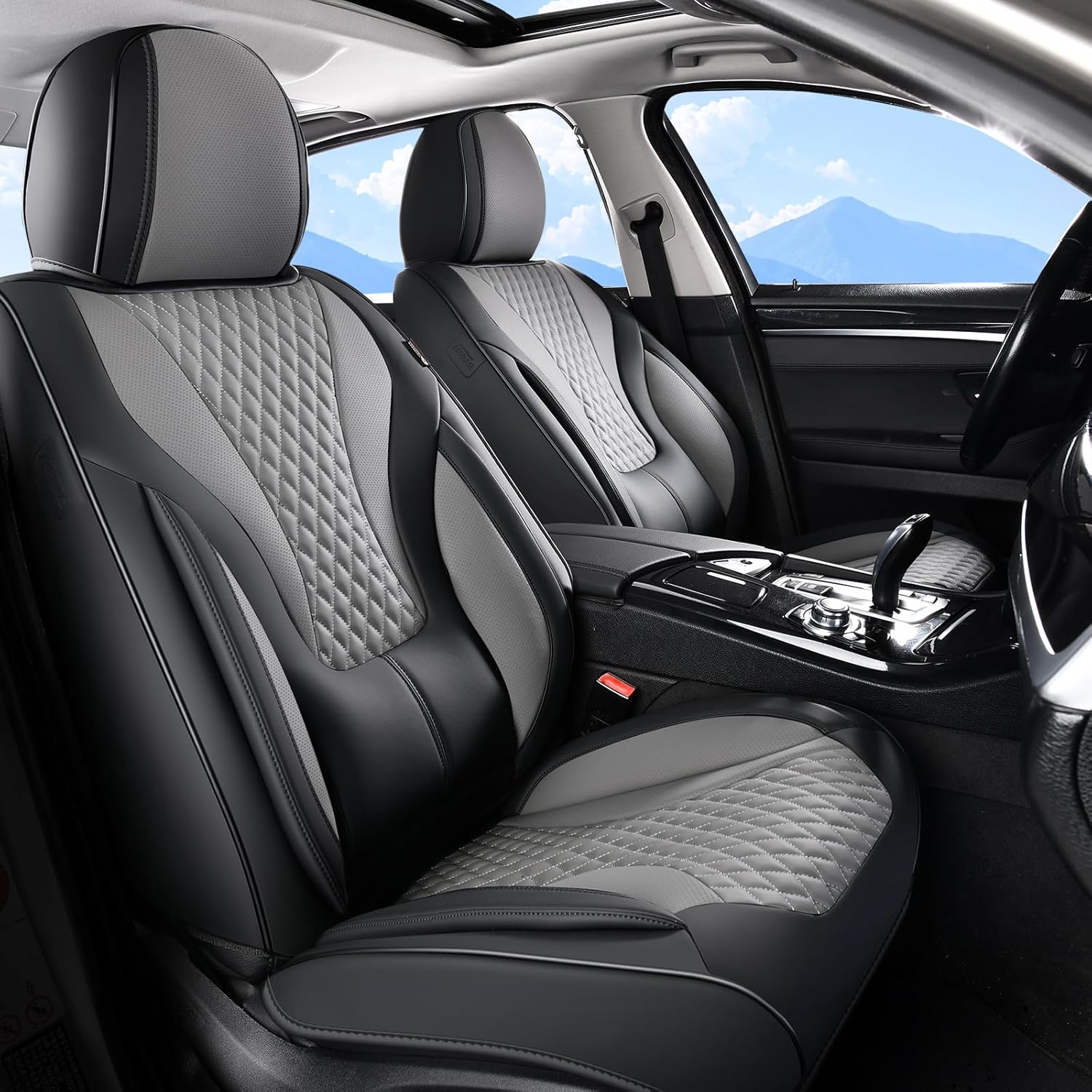 Coverado Waterproof Nappa Leather Car Seat Covers, Automotive Seat Covers，Front Car Seat Cushion & Car Seat Protector, Black&Gray Seat Covers Universal Fit for Most Cars, SUVs, Trucks