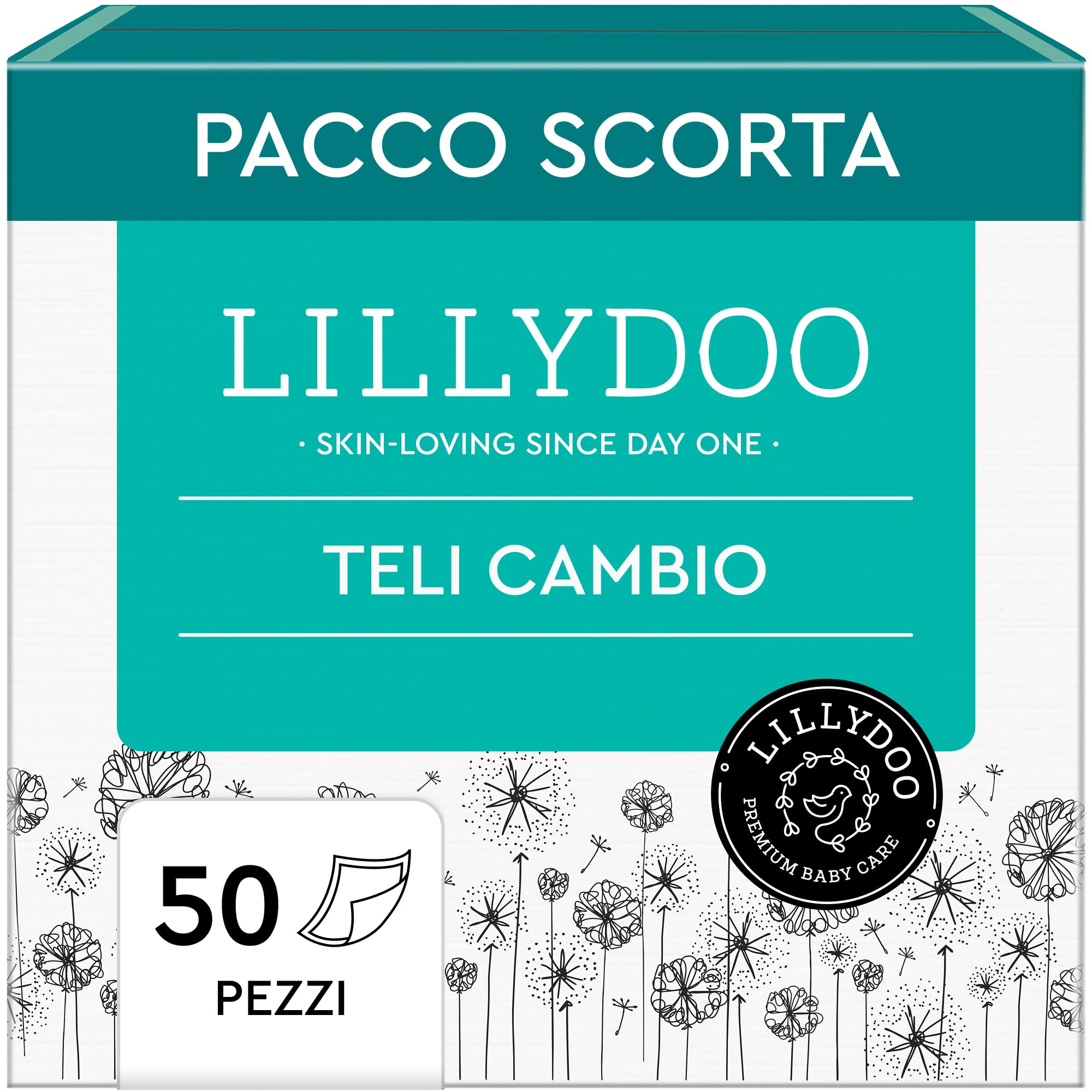 Teli cambio LILLYDOO – 60 x 60 cm, confezione da 50 pezzi (5x10 pezzi), super morbidi, senza profumi e lozioni, ideali per pelli sensibili, dermatologicamente testati