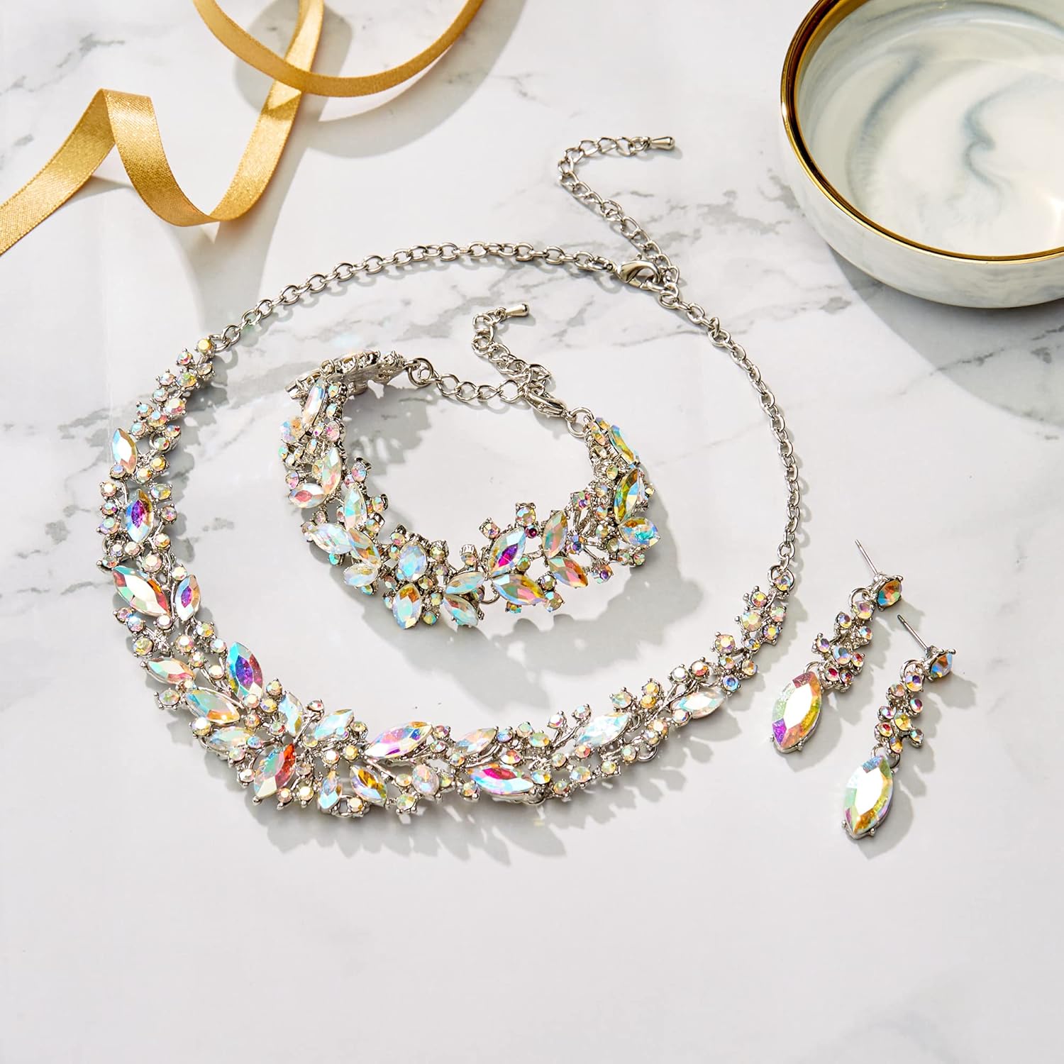 BriLove Women's Wedding Bridal Austrian Crystal Marquise Cluster Collar Necklace Dangle Earrings Set - Image 5