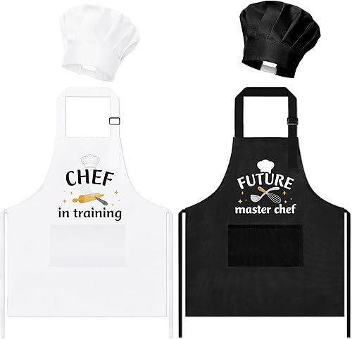 GROBRO7 Juego de 4 delantales y sombrero de chef para niños, regalo para niños y niñas, chef en entrenamiento, futuro maestro chef, delantal de