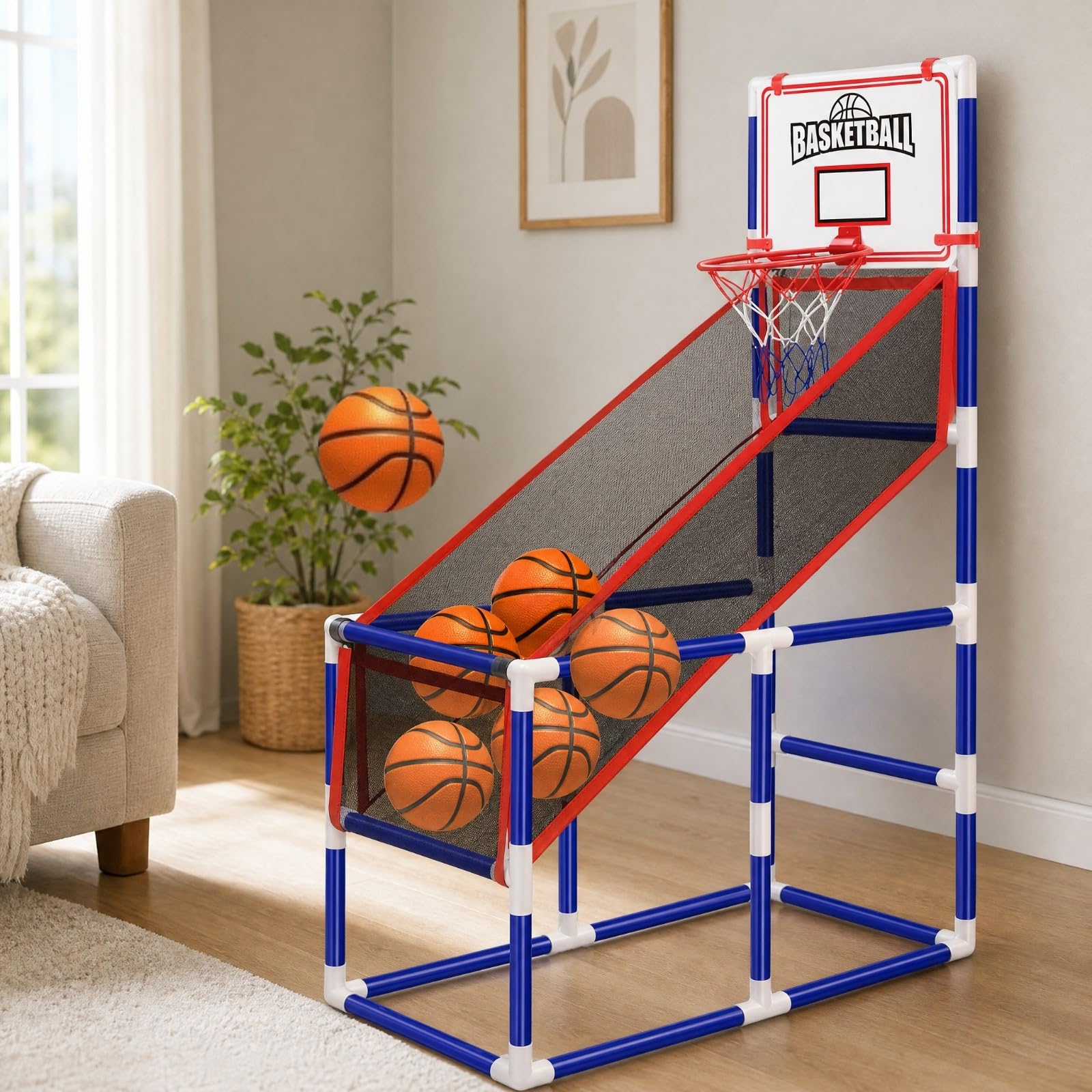 Set Baloncesto con Bomba Inflado | Compacto, Baloncesto con Soporte Inpendiente, Colores Vibrantes, para Patio