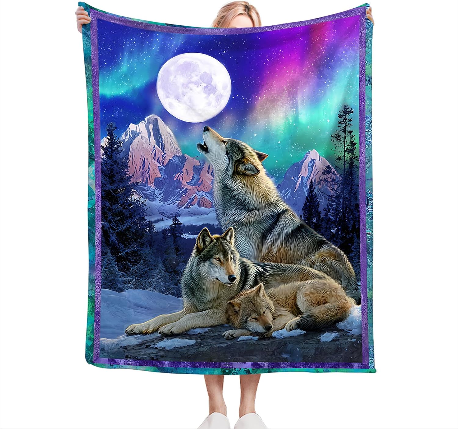 Taimeng Wolf Moon Throw Blanket, Wolves Forest Animal Blanket, Northern Lights Wildlife Lovers Stuffed Fleece Cozy Flannel Warm Lightweight Blankets for Kids Teens Women Men Girls Boys 60"X80"