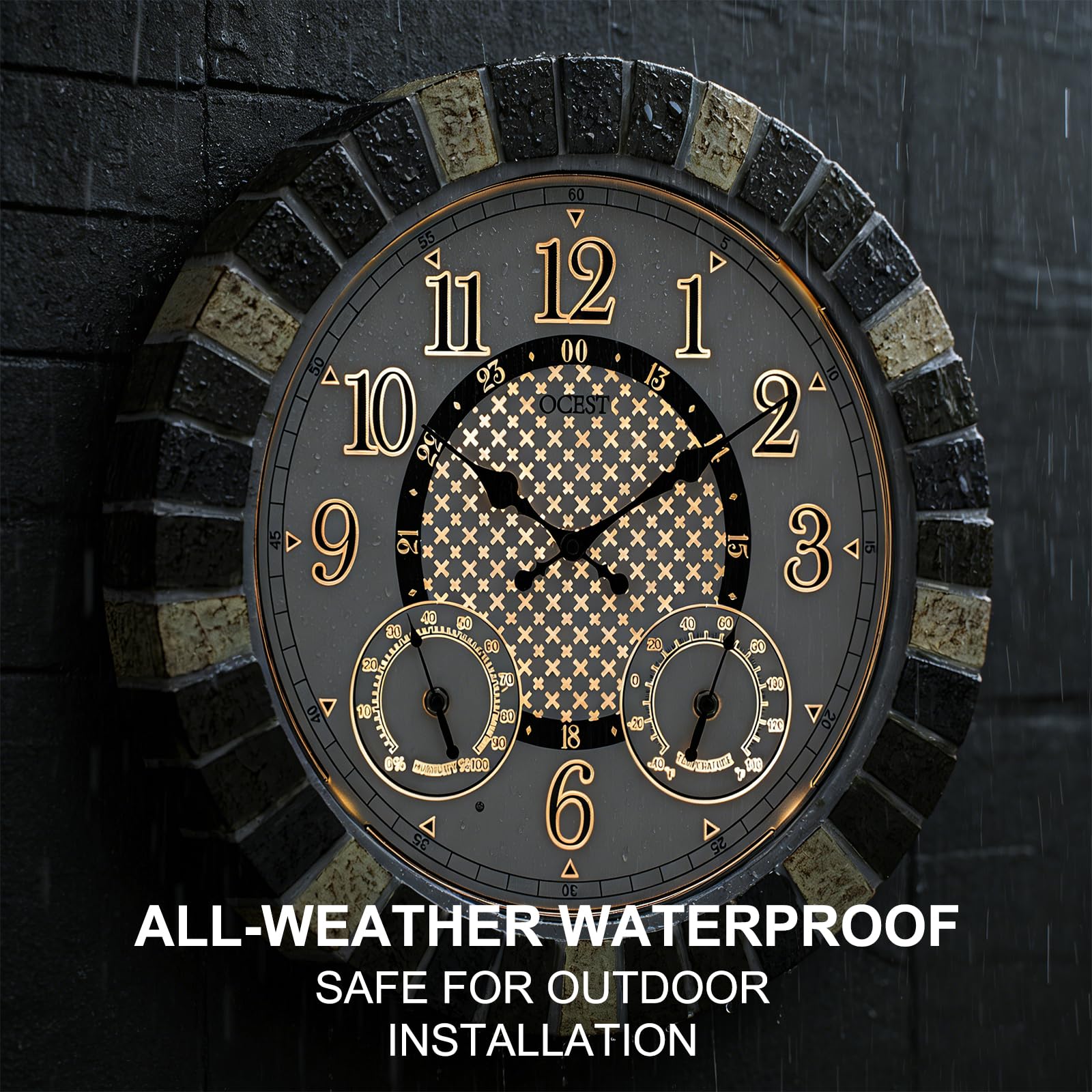 OCEST Reloj grande de 18 pulgadas para exteriores, impermeable, termómetro, higrómetro, luz nocturna, relojes de pared iluminados, funciona con pilas, silencioso, sin tictac, ideal para patio, jardín