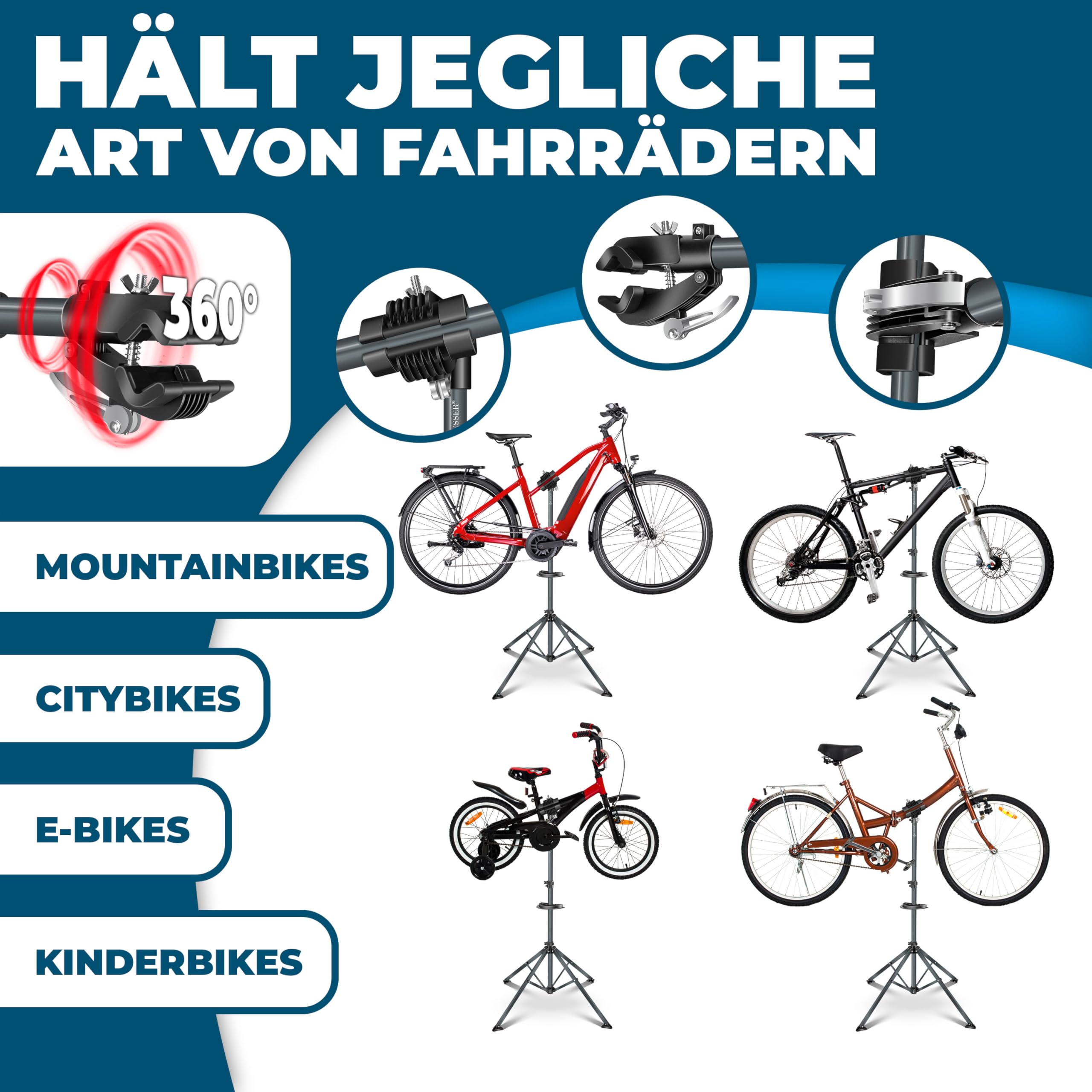 KESSER® Fahrradmontageständer Profi 50kg - 360° drehbar für E-Bike, Mountainbike & Fahrrad, höhenverstellbarer Reparaturständer, mit Werkzeugablage, Tragetasche & Schnellspanner