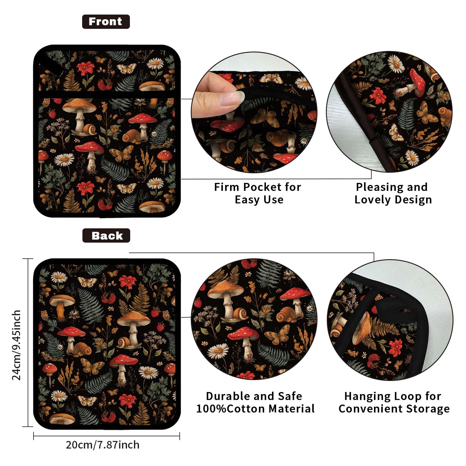 FREEBLOSS 2 presine con motivo a funghi per la cucina, in cotone, resistenti al calore, per cucinare e cuocere 7,8 x 9,5 cm
