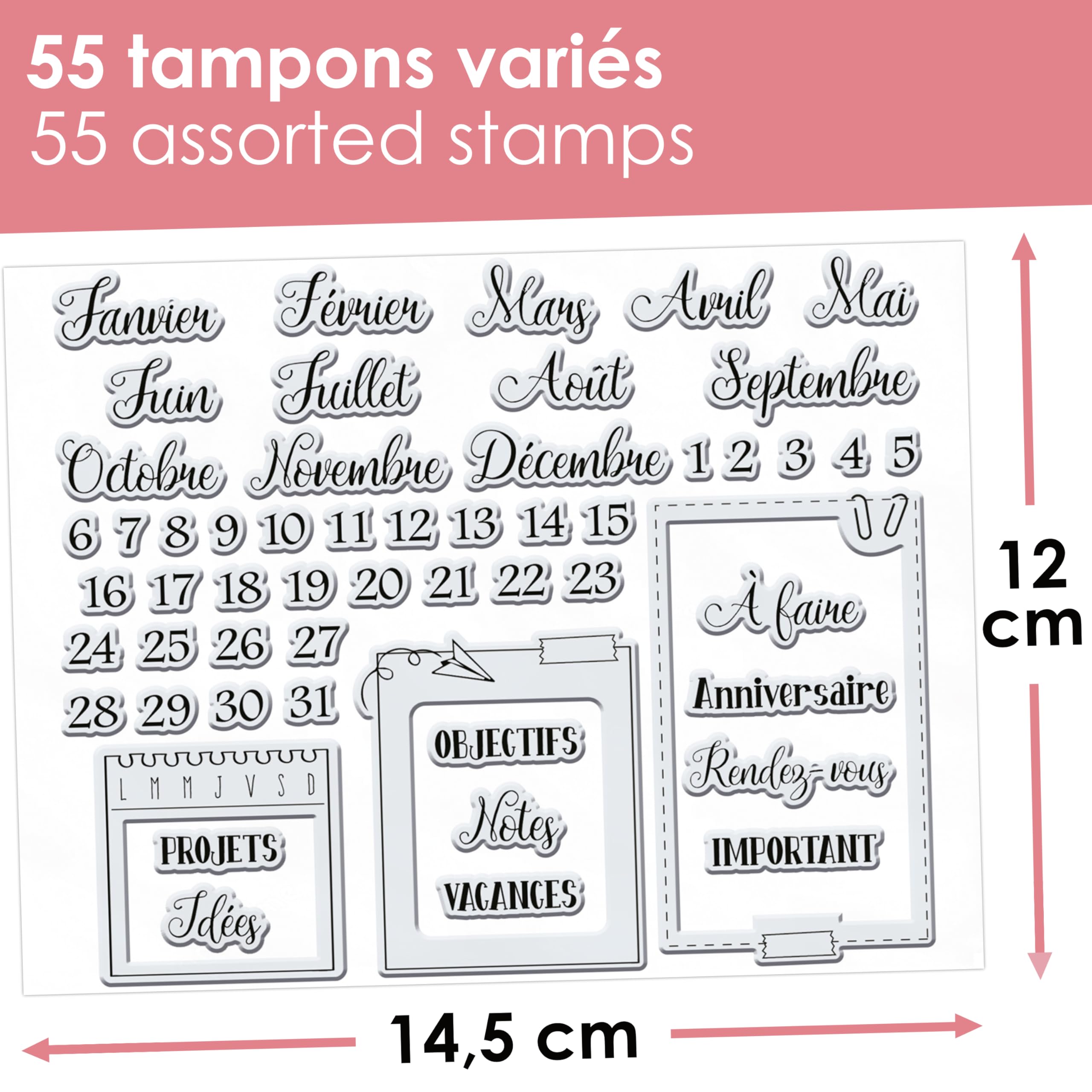 Aladine - Stampo Bullet Clear MIESIĄC ORGANIZACJI - Płyta z piankami, silikonowy ślad - Idealny do Bullet Journal, scrapbookingu, zeszytów - DIY 3958 Kreatywny wypoczynek Czarny