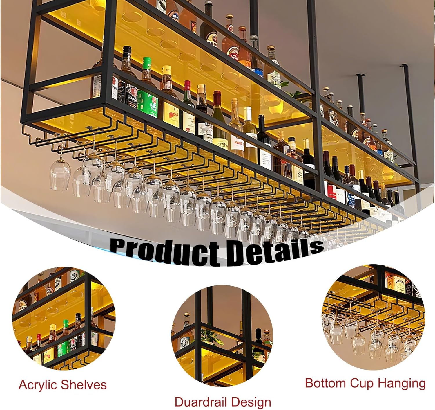 31.4IN Ceiling Wine Glass Rack, Hanging Wine Rack with Acrylic Transparent Shelves and LED Lights, Modern Multi Use Hanging Liquor Display Shelf for Bar, Kitchen Decoration (31.4in/80cm)