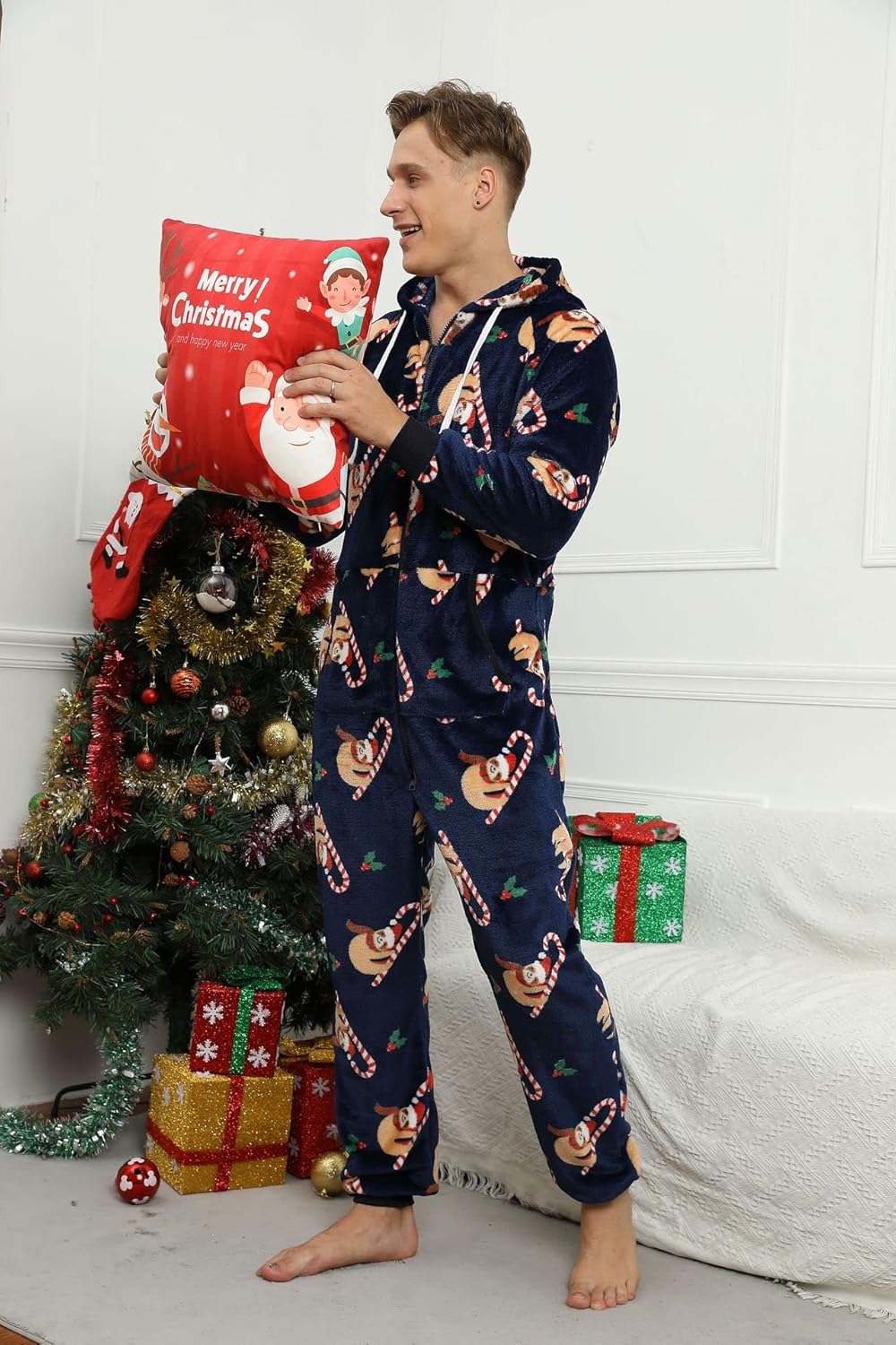 Men's Flannel 1-Piece Pajamas, Hooded Comfortable Loungewear for Christmas, with Large Pockets Soft Flannel Design