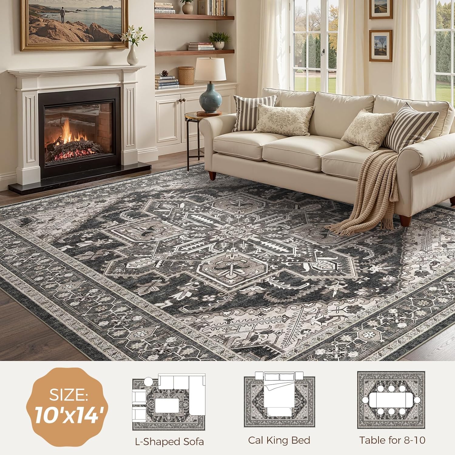 WITSHOCK 10x14 Black Washable Rugs with 2x3 Brown