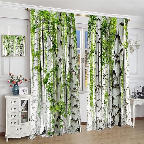 Miniatura 4 de Cortina opaca de árbol de abedul con hojas verdes, con aislamiento térmico, con bolsillo para barra, dormitorio, comedor, sala de estar, cocina, 2